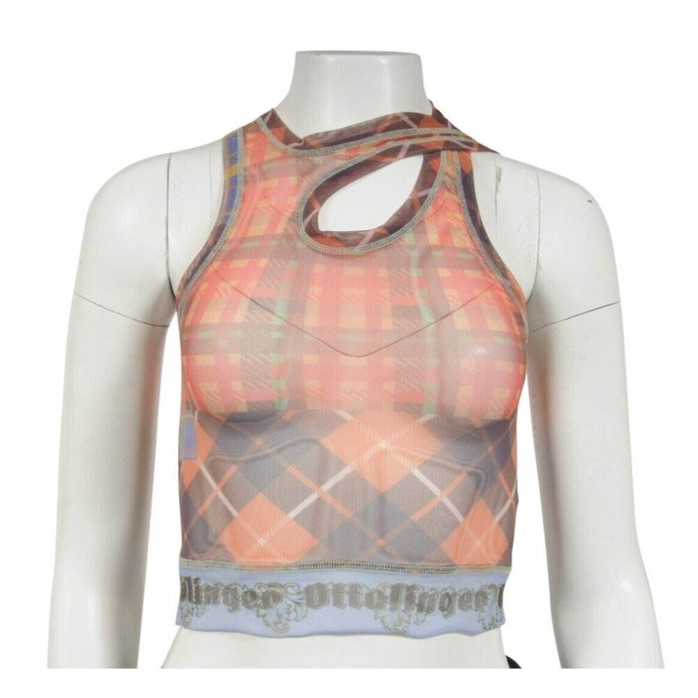 Ottolinger Womens Asymetrical Mesh Plaid Logo Top Small Orange Blue Sleeveless